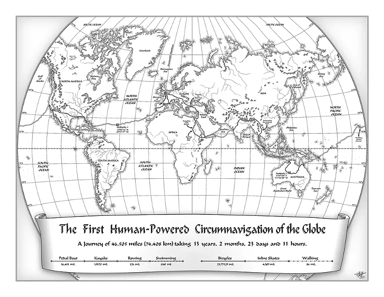 CHARTING THE COURSE : Cartographer Rob Antonishen created this map detailing the route around the world traveled by British explorer Jason Lewis and company. - IMAGE BY ROB ANTONISHEN