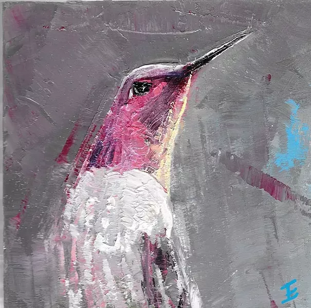 JUST PASSING THROUGH: Jeannine Emmett catches a hummingbird zipping around in her painting 'Anna’s Hummingbird.' - IMAGE COURTESY OF JEANNINE EMMETT