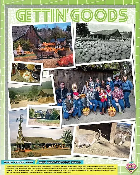 BEST FARM/PRODUCE STAND: AVILA VALLEY BARN: Apples and berries have been sold along Avila Beach Drive since 1985. What started out as a single table and umbrella evolved into a gigantic barn serving up homemade pies, jams, jellies, and fresh produce—and now goats, hayrides, homemade ice cream, and pumpkins have joined in the mix. “It was definitely a process,” Avila Valley Barn owner Debbie Smith said. Now, seven family members work alongside other employees, and the grandkids help out on the weekends. It’s an evolution that keeps on building. - DESIGN BY ALEX ZUNIGA