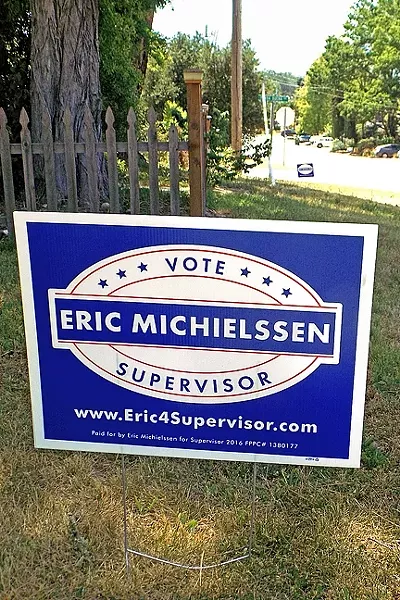 SIGN SNATCHERS: An estimated 40 to 50 yard signs supporting Eric Michielssen, a candidate for the 5th District of the SLO County Board of Supervisors, went missing on May 7 in parts of North County. The Michielssen campaign provided replacement signs the following day, like the one pictured, which is on I Street in Santa Margarita. - PHOTO BY PETER JOHNSON