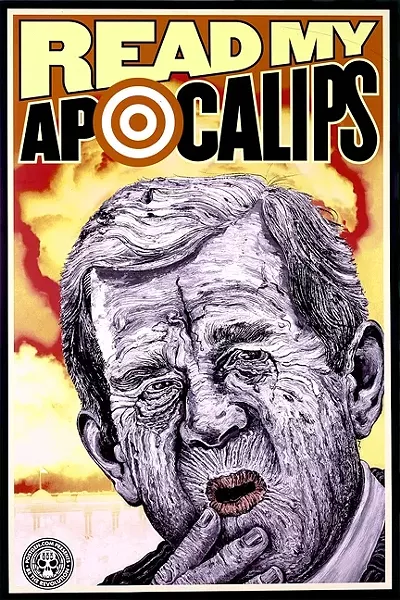 WE MEET AGAIN: George W. Bush, who is featured in the piece 'Apocalips,' is a frequent subject matter for Conal. “I certainly did way too many paintings of George Bush, because he was so terrible,” he said. “You know—so many bad guys, so little time.” - IMAGE COURTESY OF CUESTA COLLEGE