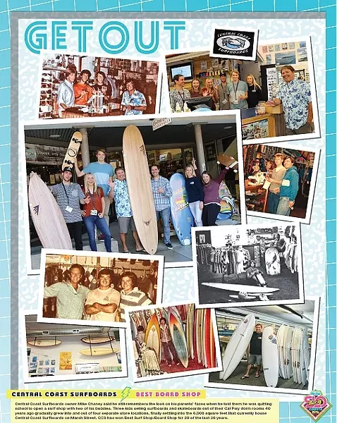 BEST BOARD SHOP: CENTRAL COAST SURFBOARDS: Central Coast Surfboards owner Mike Chaney said he still remembers the look on his parents’ faces when he told them he was quitting school to open a surf shop with two of his buddies. Three kids selling surfboards and skateboards out of their Cal Poly dorm rooms 40 years ago gradually grew into and out of four separate store locations, finally settling into the 6,000 square feet that currently house Central Coast Surfboards on Marsh Street. CCS has won Best Surf Shop/Board Shop for 28 of the last 30 years. - DESIGN BY ALEX ZUNIGA