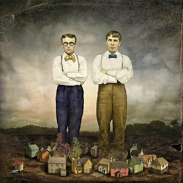 THE BIG GUYS UPSTAIRS: 'The Architects' by Maggie Taylor started with an 1870s tintype photo of two men standing side by side that the artist came across. Taylor added in the homes below by scanning in miniature houses. - PHOTO COURTESY OF MAGGIE TAYLOR