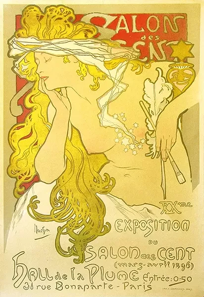 POSTER REVOLUTION: This poster by artist Alphonse Mucha announced the 20th exhibition of the Salon des Cent held at the premises of the art journal 'La Plume' in 1869. - IMAGE COURTESY OF VINTAGE EUROPEAN POSTERS