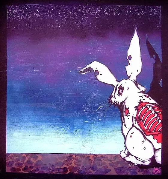 SOME BUNNY’S NOT SO ALIVE: This decaying, possibly zombie bunny stenciled by Silas Corley is reflective of his signature style, which riffs on the contrast of death and fun, bright colors. - IMAGE COURTESY OF SILAS CORLEY