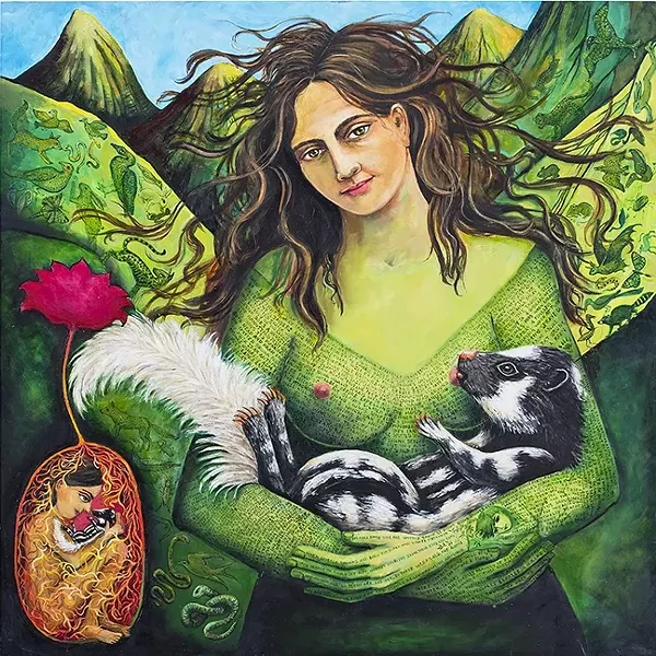 NURTURE: A goddess-like character nurses a skunk in Arizona-based artist Irene Hardwicke Olivieri’s piece 'Supper for the Spotted Skunk.' - IMAGE COURTESY OF CUESTA COLLEGE