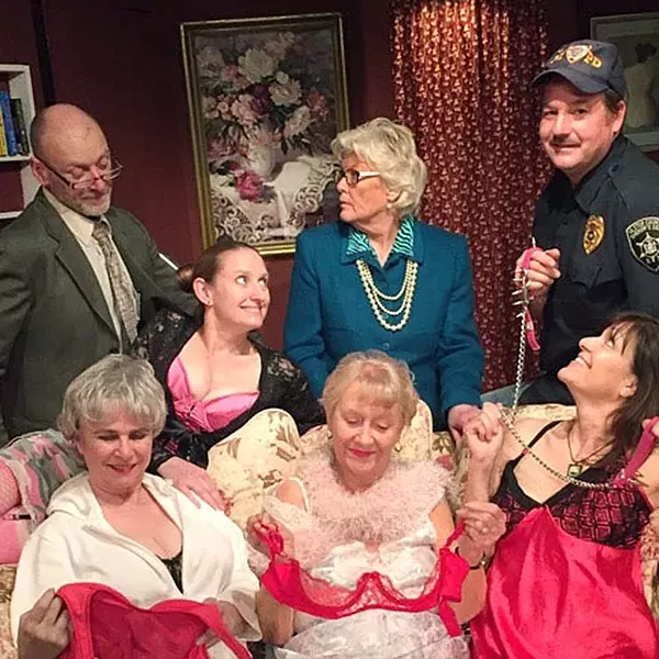 OOH LA LA!: The cast of Nana’s Naughty Knickers, from left to right: (back row) Gil Schmidt (Gregory Schoonover), Heather Van Pree (Mindy Rains), Claire Schmidt (Barbara Roche), Tom O’Grady (Derek Ehinger), Vera Walters (Joyce Calderone), Sylvia Charles (Barbara McKee), and Bridget Charles (Rayna Ortiz). - PHOTO COURTESY OF PEWTER PLOUGH PLAYHOUSE
