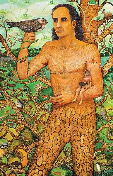 WILD MAN: A tattoo on a half-man half-animal implores the viewer to “Let us hold dear the lives of all species,” in artist Irene Hardwicke Olivieri’s painting, 'Call from Paradise.' - IMAGE COURTESY OF CUESTA COLLEGE