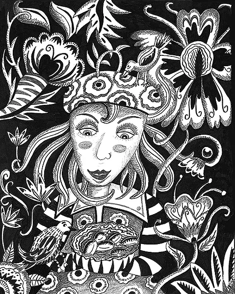 BIRDS OF A COLOR PALETTE: Within Betty Wick’s drawings like Birdie Lady are fun creatures, including these birds with whimsical flowers and intricate shading. - IMAGE COURTESY OF BETTY WICK