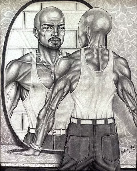 SELF-REFLECTION: The pencil drawing, 'The Man in the Mirror,' by incarcerated artist Tony Chisom is accompanied by a letter of apology that Chisom wrote to himself for the actions that led to his imprisonment. - IMAGE COURTESY OF ROBERT E. KENNEDY LIBRARY