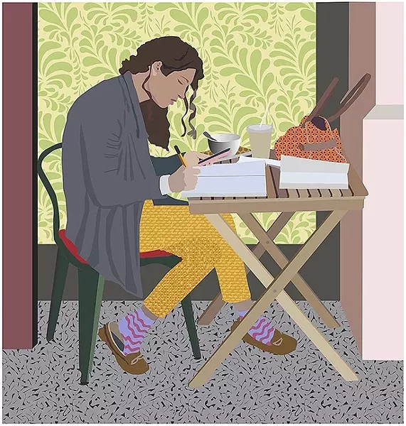 ZONING OUT: A girl jots down a few notes at Scout Coffee Co. in downtown SLO in Julie Frankel’s piece, 'Table for One.' - IMAGES BY JULIE FRANKEL
