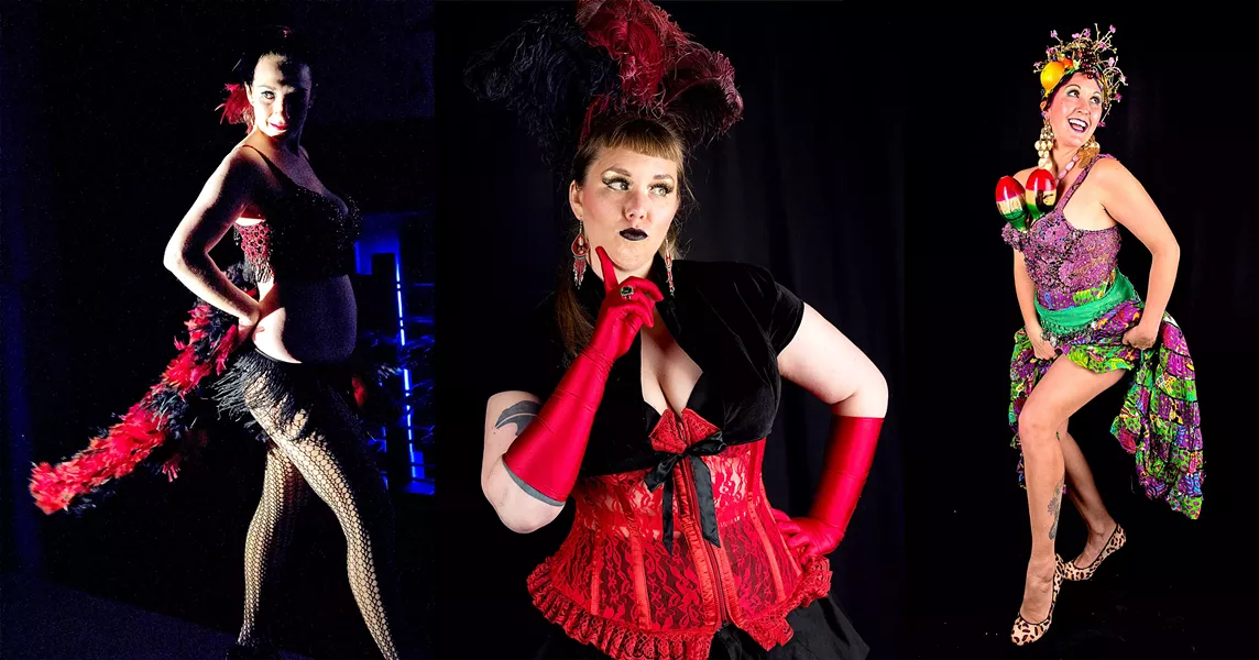 LEGENDARY Burlesque on the Bar heats up the Rendarrio Vineyard tasting room this Aug. 26. Performers include Rouge de Sang (left); tasting room manager Liz Gillingham, aka, "Liz Glamazon,"(center); and Madam Minge (right). - PHOTOS COURTESY OF JASON HICKMAN PHOTOGRAPHY