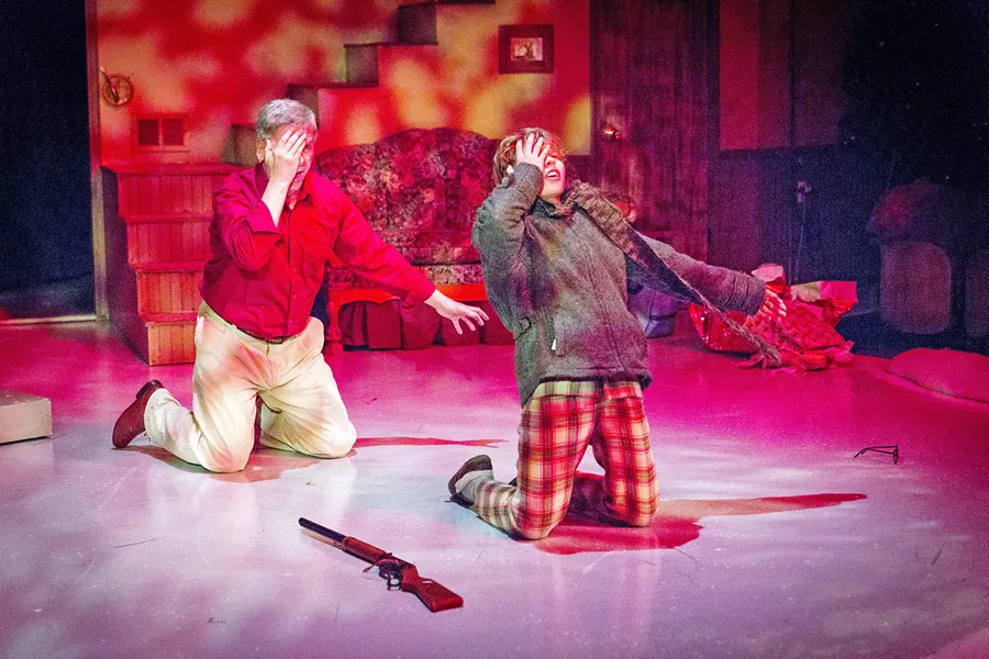 YOU'LL SHOOT YOUR EYE OUT Ralph (Don Stewart, left) recounts what happened when his younger self, Ralphie (Weston Marum), received a coveted gift one fateful Christmas, in SLO Repertory Theatre's production of A Christmas Story. - PHOTO COURTESY OF RYLO MEDIA DESIGN