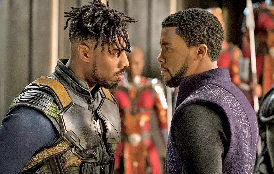 USURPER Erik Killmonger (Michael B. Jordan, left) demands ritual combat to challenge T'Challa (Chadwick Boseman) for the throne of Wakanda. - PHOTO COURTESY OF MARVEL STUDIOS AND WALT DISNEY PICTURES