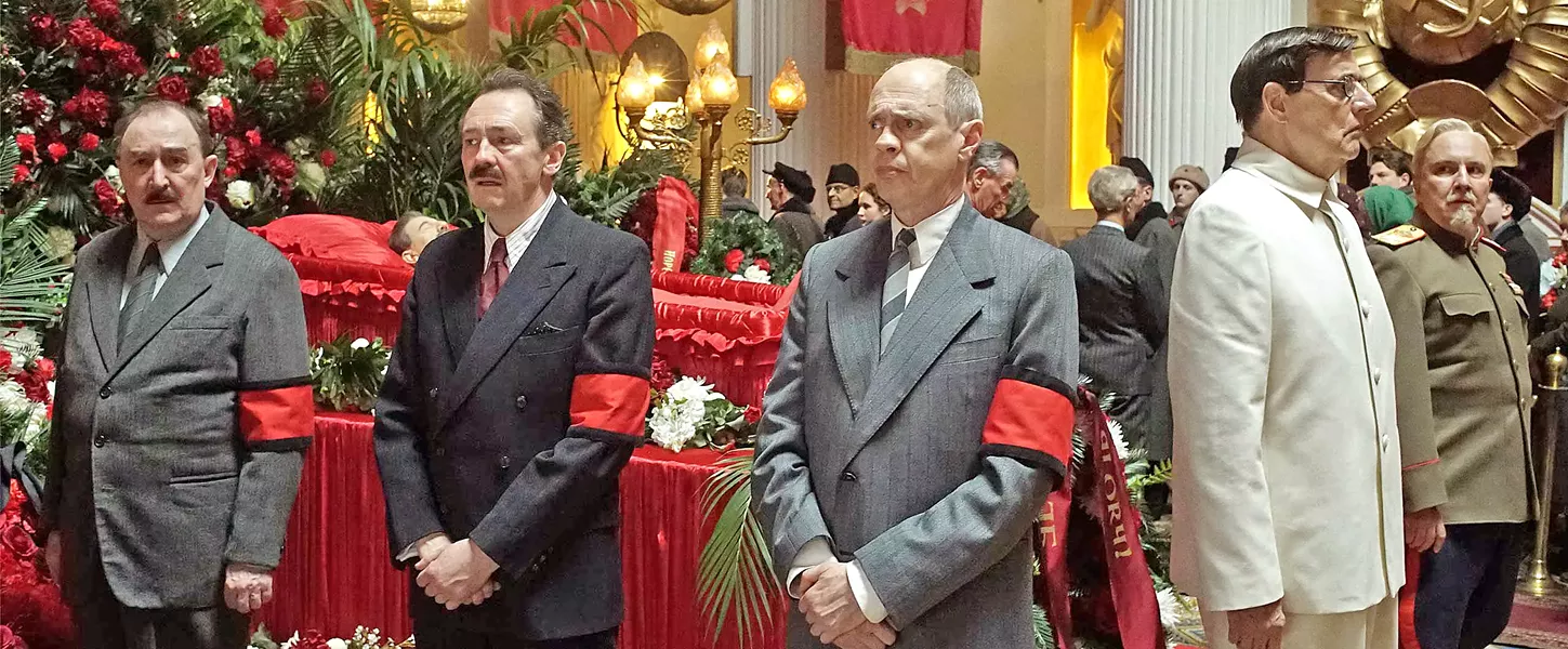 WHO'S NEXT? Will crafty Nikita Khrushchev (Steve Buscemi, third from left) or frightened puppet Georgy Malenkov (Jeffery Tambor, second from right) ultimately seize power? - PHOTO COURTESY OF MOVIEWEB.COM