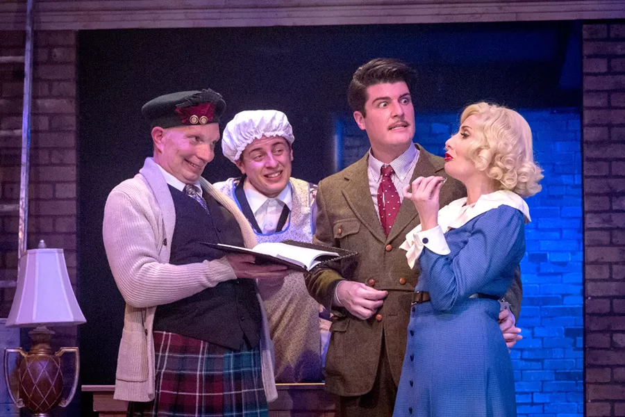 NOT WHAT IT SEEMS Billy Breed and Cameron Parker tackle myriad roles, like a Scottish husband and wife running an inn, opposite Timothy Stewart and Kate Worley-Beck in The 39 Steps at the SLO Repertory Theatre in April. - PHOTO COURTESY OF RYLO MEDIA DESIGN
