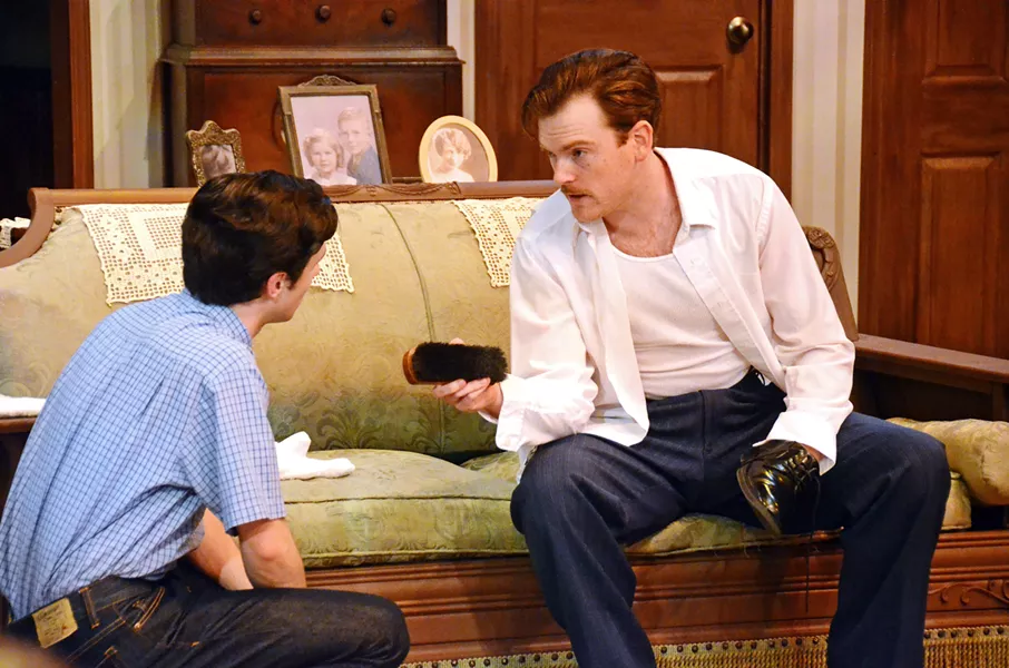 IN THE FAMILY Uncle and gangster Louie (Mike Fiore) counsels his nephews on how to survive living with their strict grandmother in SLO Repertory Theatre's recent production of Lost in Yonkers. - PHOTO COURTESY OF JAMIE FOSTER PHOTOGRAPHY