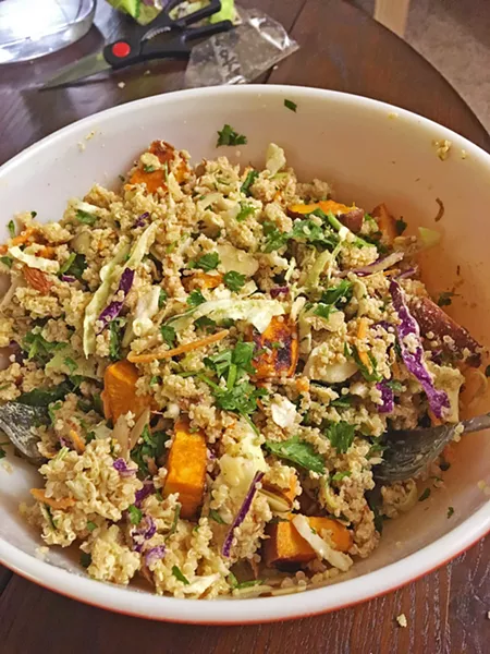 MIXING IT Here's the finished product: a giant bowl of quinoa, roasted sweet potatoes, and other veggies. Perfect for a quick lunch at work. - PHOTO BY PETER JOHNSON