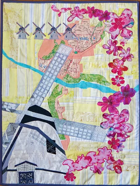 WHEN IN SOLVANG Cartography is a recurring theme in artist Ellen November's work. So far, the Los Angeles transplant has quilted images of maps of local spots like Solvang (pictured), Laguna Lake, Mission San Luis Obispo de Tolosa, Cambria, Morro Bay, Pismo Beach, Nipomo, and Avila Beach. - IMAGE COURTESY OF ELLEN NOVEMBER