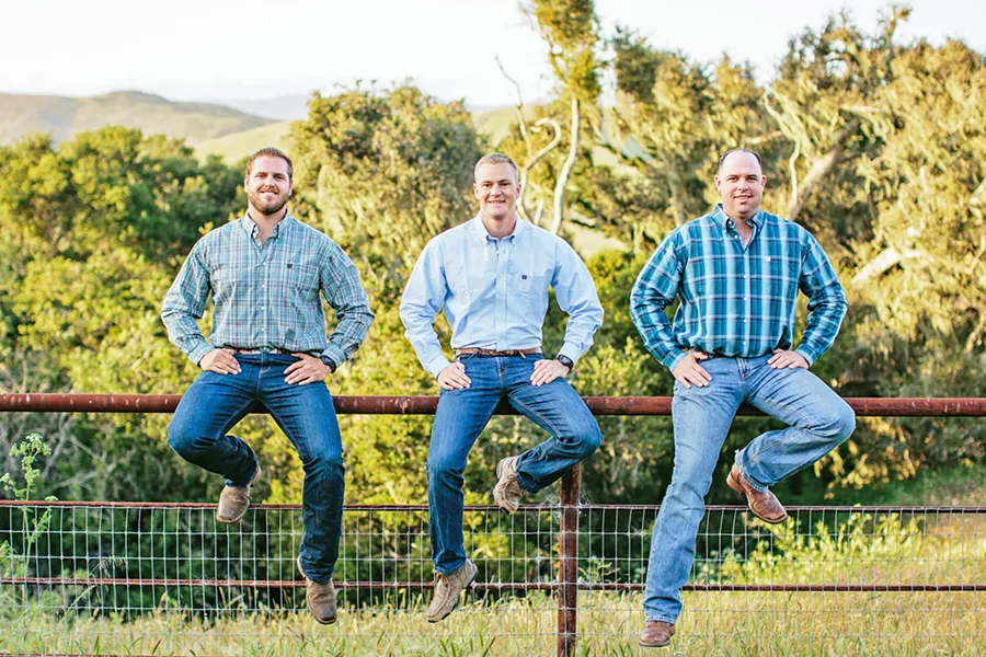 NEW RANCH CREW From left, Central Coast Meats CEO and co-founders Dylan Sweet and Kyle Clement, plus co-founder and Director of Farm Operations Thomas Matthews. Together, they're working to deliver humanely, sustainably, and locally raised meats directly to your door. - PHOTO COURTESY OF CENTRAL COAST MEATS