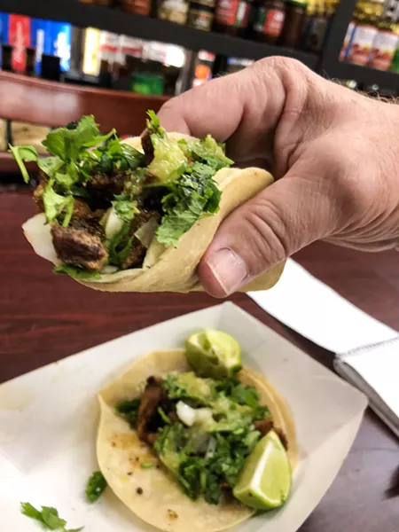 ABUELA RODRIGUEZ's SECRET RECIPE Sidewalk Market's al pastor street tacos, made by Gregorio and Alejandro Rodriguez, are the bomb, and they're only $2 each! - PHOTO BY GLEN STARKEY