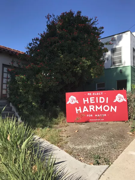 SIGN FIGHT Supporters of SLO mayoral candidate T. Keith Gurnee have alleged that Mayor Heidi Harmon’s campaign signs, like this one on Johnson Avenue, are larger than city code allows. But SLO officials say a recent U.S. Supreme Court case has rendered its sign rules unconstitutional. - PHOTO BY PETER JOHNSON