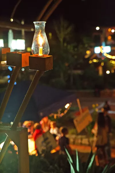 SPECIALLY MADE Old Mission Church Reverend Jim Nisbet and Congregation Beth David Rabbi Harry Manhoff joined forces more than 25 years ago to bring this menorah and a Hanukkah celebration to Mission Plaza. - PHOTOS COURTESY OF THE JCC OF SLO