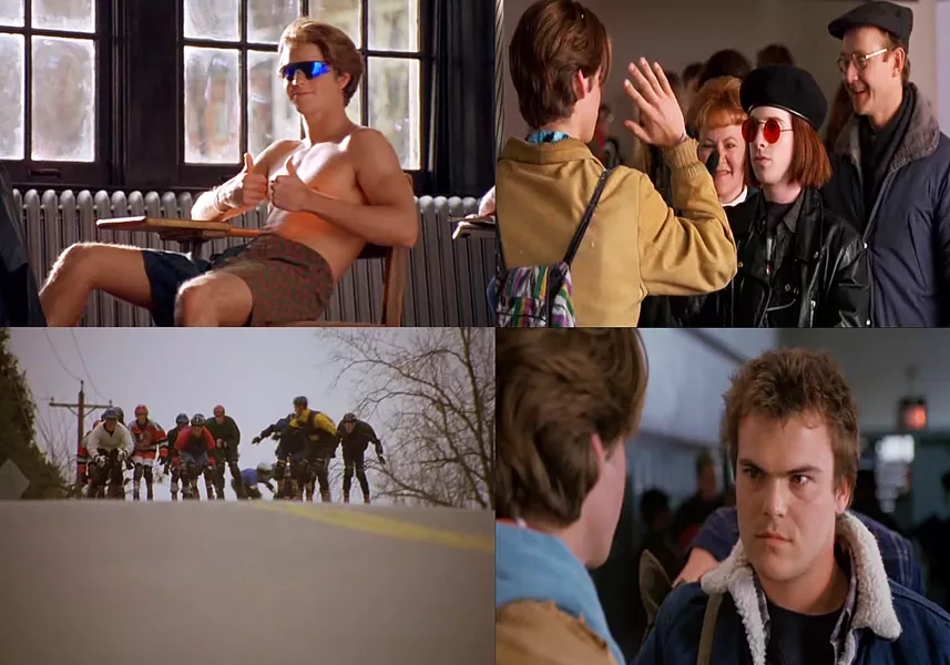 'GNARLY DUDE' If you thought there was a more '90s movie than Airborne, you'd be wrong. Shane McDermott (left) is a Cali surfer bro here to shake things up. Seth Green (right) has some of the worst hair I've ever seen. Jack Black (bottom right) is a bully who likes sleep and Nintendo. On the bottom left is an image from the final race that lasts 20 minutes and serves no purpose. - PHOTO COURTESY OF WARNER BROS.