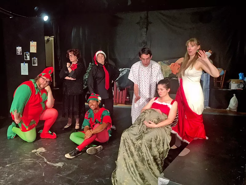 LET US ENTERTAIN YOU Erik Stein's original show, Holiday Dinnertainment, takes audiences to the fictitious Prime Rib Playhouse Dinner Theatre, and stars local actors portraying the roles of, from left to right, Erich (Garrett Larsen), Sue (Jill Turnbow), Joel (Josh Gamble), Madge (Jo Jackson), Ken (Greg DeMartini), Gina (Tara Brinkman), and Teresa (Danielle McNamara). - PHOTOS COURTESY OF CAMBRIA CENTER FOR THE ARTS
