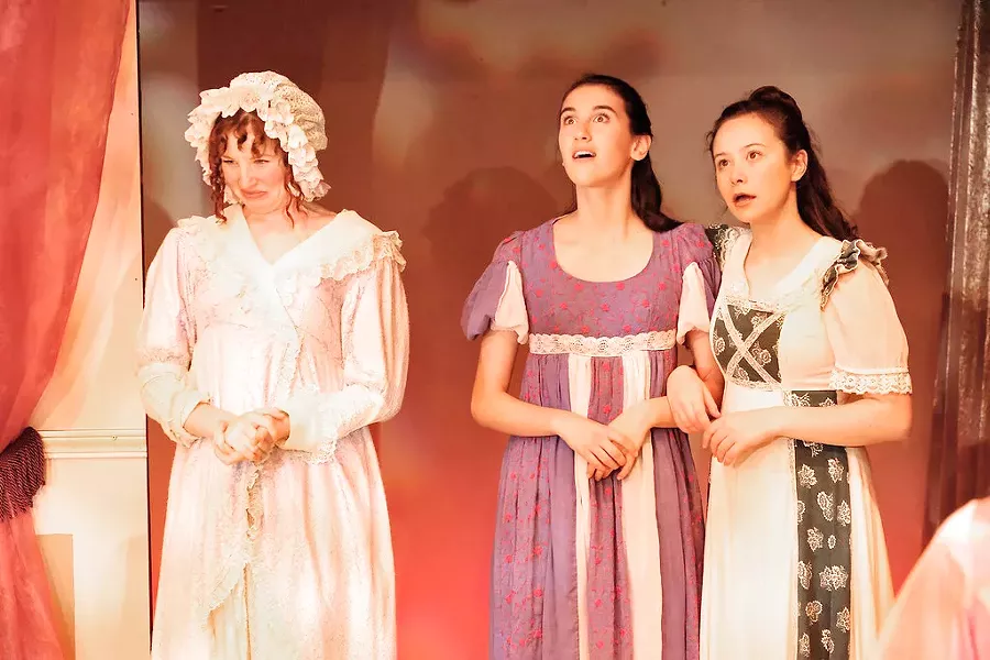 FAMILY Elizabeth's overbearing mother (Eliana Nunley) and her two ridiculous younger sisters, Lydia (Sophia Lea) and Kitty (Ella Gomez), provide comic relief but also make it substantially harder for Elizabeth and her sister, Jane, to find proper husbands. - PHOTOS COURTESY OF SLO REPERTORY THEATRE