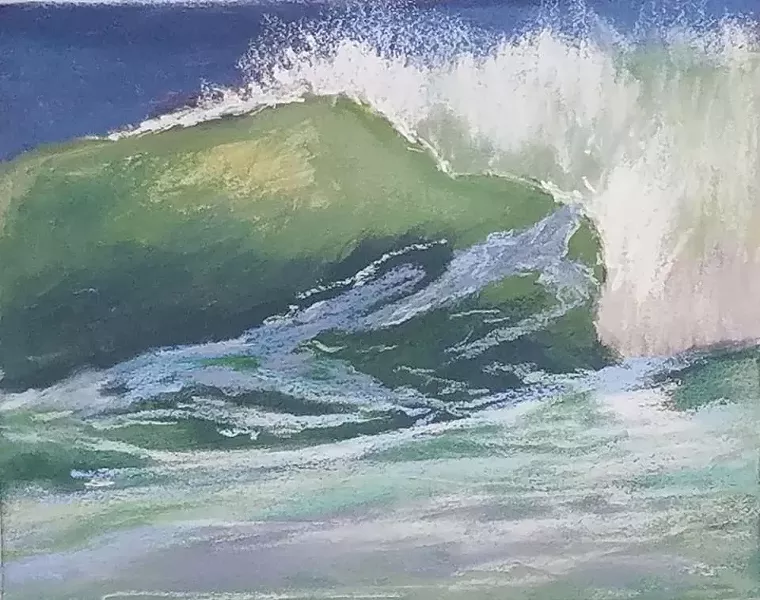 NORTH COAST Atascadero artist Denise Schryver was inspired by the wild waves at the dog beach between Morro Bay and Cayucos in December when she painted the piece Sundance Pastel. - IMAGE COURTESY OF DENISE SCHRYVER