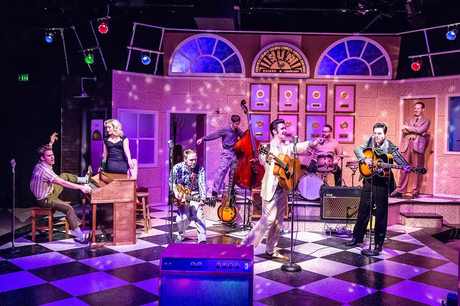 JAM SESSION The musical Million Dollar Quartet spins a yarn out of the night in 1956 when Sun Records owner Sam Phillips (Ben Abbott, far right) got to see four of his greatest musicians—Jerry Lee Lewis (Jared Freiburg), Carl Perkins (Christopher Wren), Elvis Presley (Sam Jones), and Johnny Cash (Cole), left to right—all jam in one room. - PHOTOS COURTESY OF RYLO MEDIA DESIGN