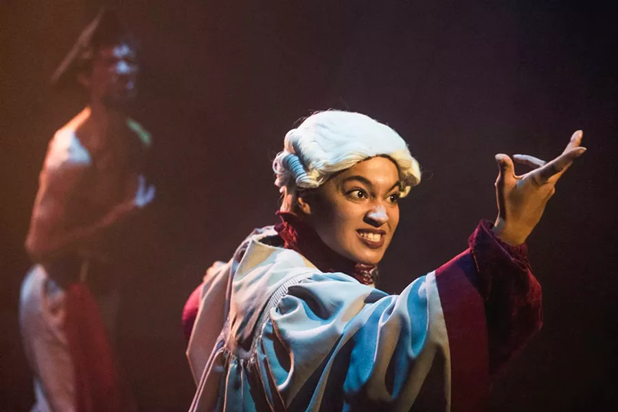 ENERGY TO THE FINGERTIPS Cuesta College student Jayde Forzetting uses her whole body to play Madam Marguerite Lascaux in Ghost Ship. Movement and gestures are a big part of what Drama Program Artistic Director bree valle teaches her students. - PHOTOS COURTESY OF CASEY WIEBER