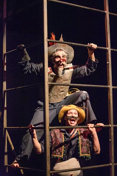 PLAY WITHIN A PLAY Students Tony Costa (Miguel de Cervantes/Don Quixote/Alonso Quijana) and Nicholas Coffeey (Cervantes' manservant/Sancho Panza) perform in Cuesta College's Man of La Mancha, which took home 14 national awards in the spring of 2018. - PHOTOS COURTESY OF CASEY WIEBER
