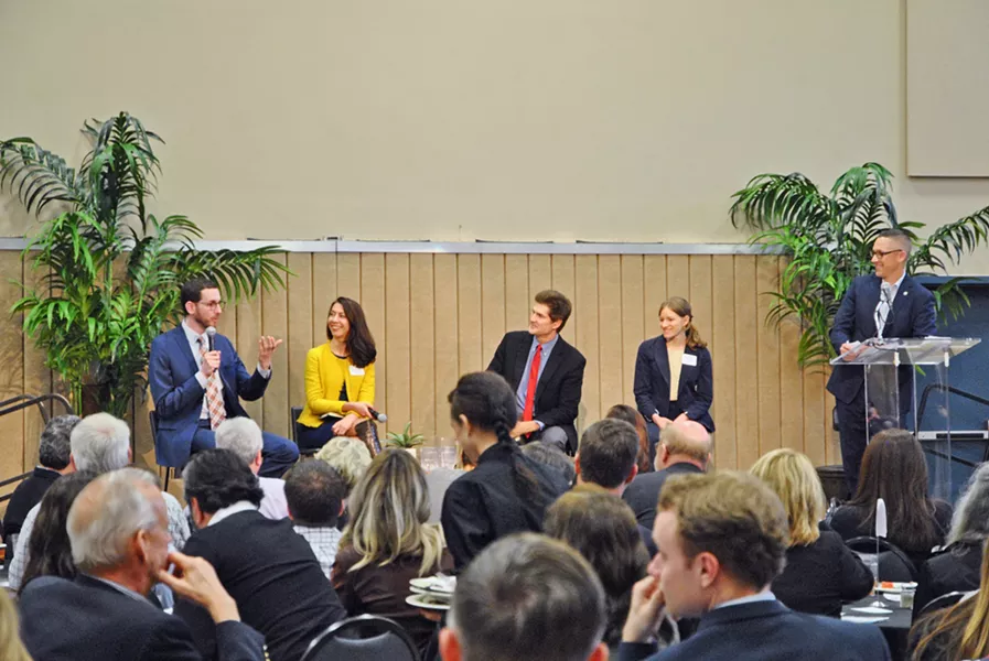 TALKING HOUSING California Sen. Scott Wiener (D-San Francisco), far left, talked about his new and controversial housing bill, Senate Bill 50 (the More Homes Act), at a housing summit in SLO on March 22. - PHOTO COURTESY OF THE SLO CHAMBER OF COMMERCE
