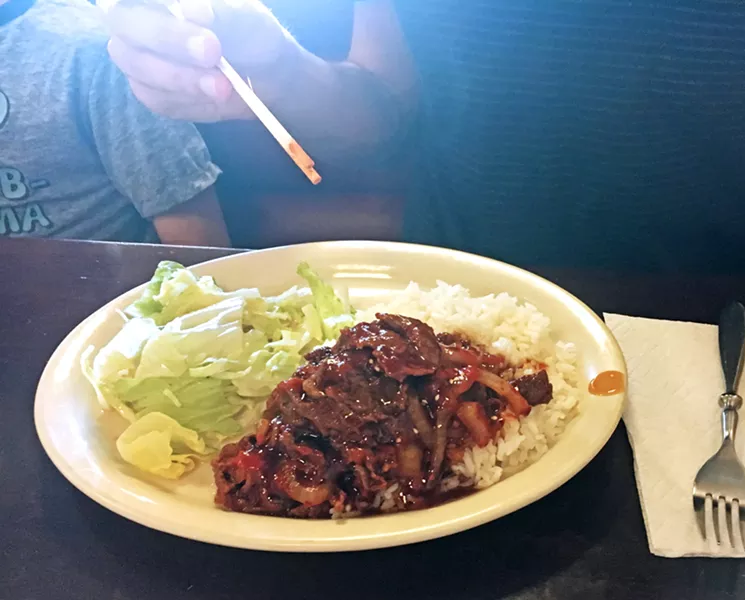 SAVORY TERIYAKI The scent of plain white rice, fresh, garlic-soaked vegetables, and spicy meat fills the air inside Hana, as if coming from a small street food tent on a busy street in South Korea. Here my son was so eager to eat the Beef Teriyaki, he dipped his chopsticks into the beef before I could snap a picture. - PHOTOS BY BETH GIUFFRE
