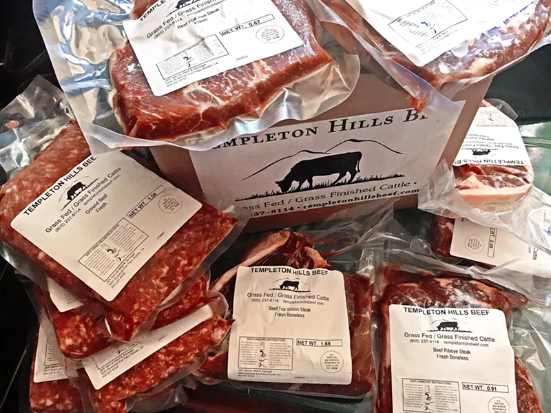 BUY THE WHOLE COW Templeton Hills Beef offers sampler boxes in all sizes: from a 10-pound grass-fed burger box ($85), to this 10- to 11-pound sampler box for $175 (two rib-eyes, two New York strips, two top sirloin steaks, four flat irons, 5 pounds ground beef), to a 25-pound grass-fed beef box. - PHOTO BY BETH GIUFFRE