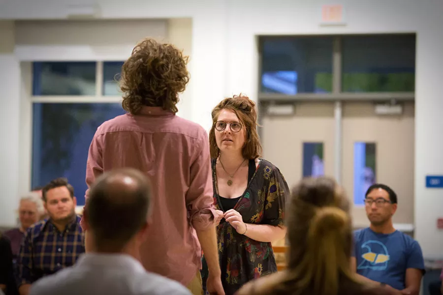 CAUGHT IN THE MOMENT Kyle Berlin (left) and Ashlin Hatch are captured in the midst of their Aug. 10 performance of Nice Town, Normal People at Arroyo Grande High School. - PHOTOS COURTESY OF RHIZOME THEATER COMPANY