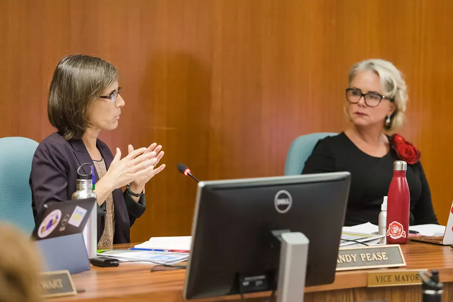 ALL IN SLO Mayor Heidi Harmon (right) and Vice Mayor Andy Pease discuss the city's enrollment with Monterey Bay Community Power. SLO was the first city out of 10 in SLO and Santa Barbara counties to decide to join the Community Choice Energy program. - PHOTOS BY JAYSON MELLOM