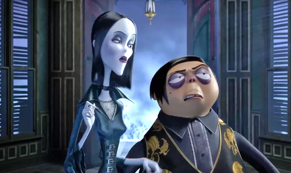 CREEPY AND KOOKY Morticia (voiced by Charlize Theron) and her husband, Gomez (voiced by Oscar Isaac), find their lives unraveling when they move their peculiar family to New Jersey, in the new animated film The Addams Family. - PHOTO COURTESY OF METRO-GOLDWYN-MAYER