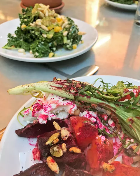 EAT YOUR GREENS Thomas Hill Organics' delicious dairy-free, gluten-free kale "kabbouleh" (kale plus tabbouleh) salad is available on all menus: brunch, lunch, and dinner. - PHOTO BY BETH GIUFFRE
