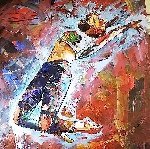 REALITY MEETS ABSTRACT Combining his passion for both representational and abstract style art, Davis' new series places human figures in movement over abstract backgrounds. - IMAGE COURTESY OF DREW DAVIS