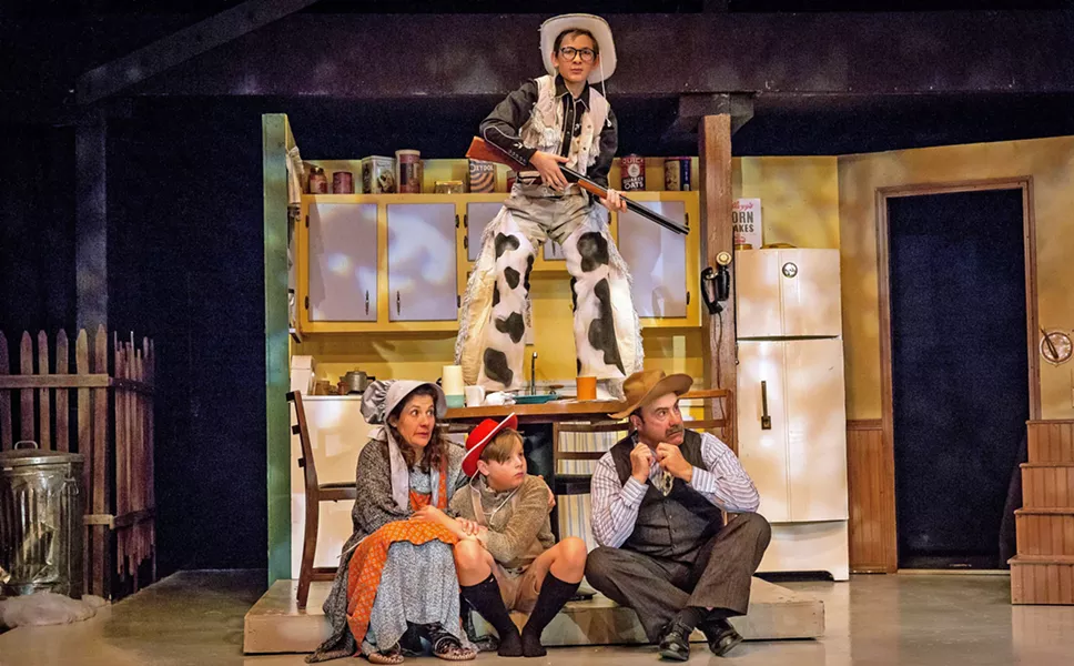 A PRIZED POSSESSION Ralphie (Coen Carlberg) imagines a world where he owns the Red Ryder BB Gun. He wants to be the hero and protect his family—left to right: Mother (Alicia Klein), Randy (Kyan VanderWeele), and The Old Man (Seth Blackburn)—from evil. - PHOTO COURTESY OF RYLO MEDIA DESIGN, RYAN C. LOYD