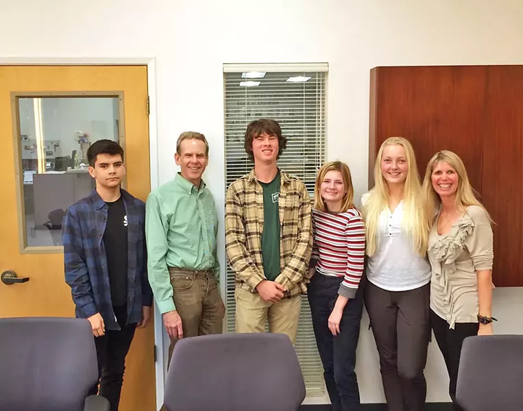 TAKING ACTION From left to right: Damian Gutierrez, San Luis Coastal Unified School District board member Chris Unger, Quinn Brussell, Landis Blakeslee, Ashley Thorshov, and teacher Jennifer Bauer are all working to make schools more sustainable. - PHOTO COURTESY OF JENNIFER BAUER