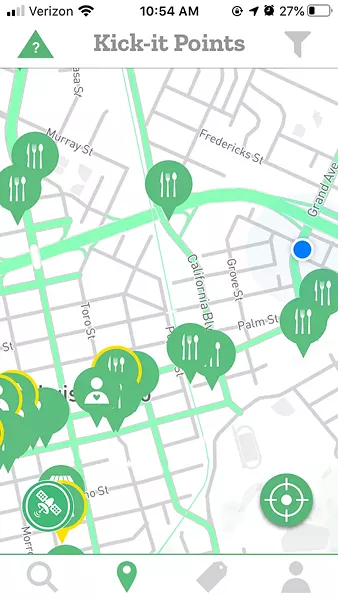 SUPPORT FROM AFAR Locally based app Kick-it Points is allows businesses to offer discounts and coupons to customers who complete certain social distancing activities. The app's interactive map shows which businesses are offering deals. - SCREENSHOT
