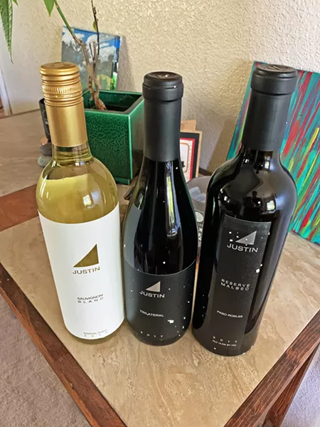 FRESH OUT THE BOX Justin Vineyard & Winery sent a three-pack to my house for a Instagram Live virtual tasting with founder winery Justin Baldwin. - PHOTO BY CAMILLIA LANHAM