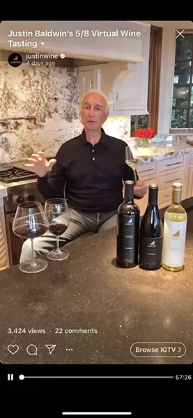 QUIRKY AND FUN Justin Baldwin, who founded Justin Winery in 1981, took virtual tasters through the history and flavors of the 2019 sauvignon blanc, 2017 Trilateral, and 2017 Reserve Malbec on May 8 starting at 5 p.m. - SCREENSHOT TAKEN FROM INSTAGRAM
