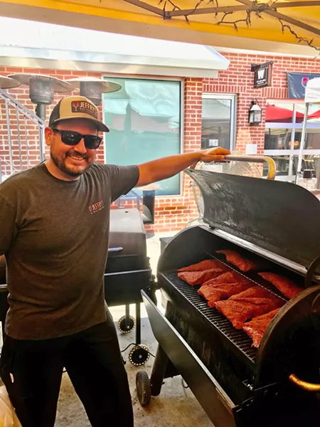 BARBECUE MAN Chef, sommelier, and Jeffry's Wine Country BBQ owner Jeff Wiesinger stands by his smokers on the patio at Jeffry's in Paso Robles. - PHOTOS BY BETH GIUFFRE