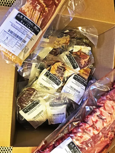 BRINGIN' HOME THE BACON Finally, I got myself a good-looking grass-fed beef box from J&R Meat and Sausage. I added on applewood smoked bacon and pork ribs. - PHOTO BY BETH GIUFFRE