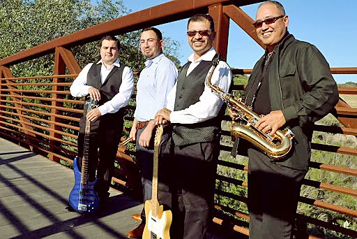 DATE NIGHT Caló—which includes (left to right) bassist Chris Welch, drummer Mike Almaguer, singer and guitarist Victor Valencia, and keyboard and saxophonist Roy Reyes—will livestream Latin rock and R&B music on Aug. 29, thanks to the Clark Center. - PHOTO COURTESY OF CALO
